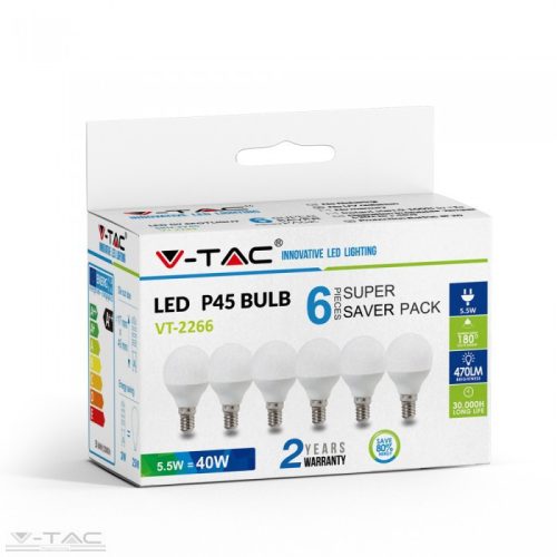 4,5W LED izzó E14 P45 4000K 6db/csomag - 212734 (V-TAC)