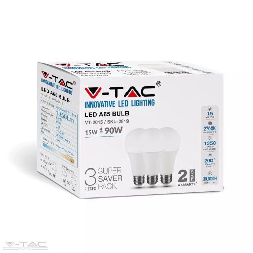 15W LED izzó E27 A65 4000K 3db/csomag - 212820 (V-TAC)