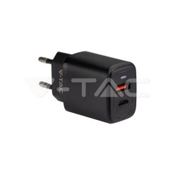 20W 1 USB-A + USB C töltőfej, fekete színű (V-TAC)