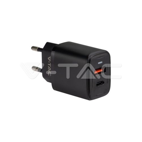 20W 1 USB-A + USB C töltőfej, fekete színű (V-TAC)