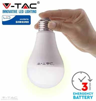 9W LED izzó E27 A70 beépített készenléti akkumulátorral 3000K - 2371 (V-TAC)