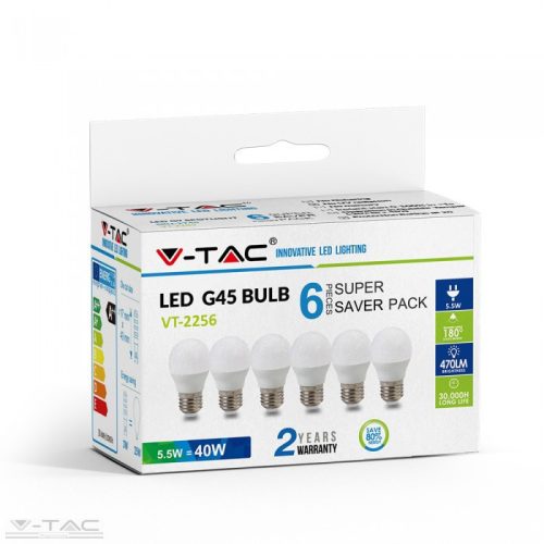 5,5W LED izzó E27 G45 2700K 6db/csomag - 2730 (V-TAC)