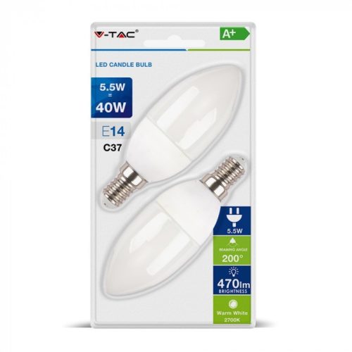 5,5W LED gyertya izzó E14 4000K természetes fehér V-TAC 2db/csomag V-TAC
