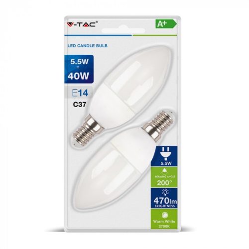 5,5W LED gyertya izzó E14 4000K természetes fehér 2db/csomag (V-TAC)