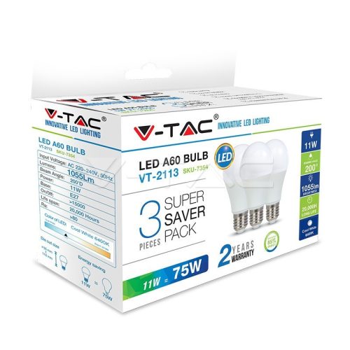 11W LED izzó E27 A60 2700K 3db/csomag - 7352 (V-TAC)