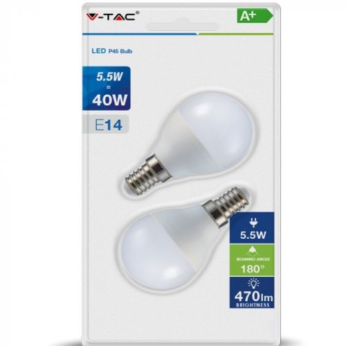 5,5W LED izzó E14 P45 2700K (2db/csomag) V-TAC