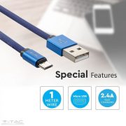 Micro USB  szövet kábel 1m kék 2,4A Rubin széria - 8496 V-TAC