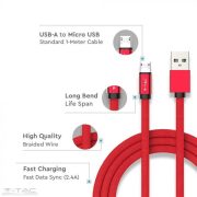 Micro USB  szövet kábel 1m piros 2,4A Rubin széria - 8497 V-TAC