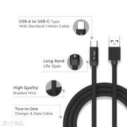 USB  C szövet kábel 1m fekete 2,4A Rubin széria - 8498 V-TAC