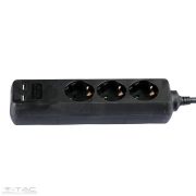   3 csatlakozós hosszabító-elosztó 1,5m fekete 2 db USB porttal 2,4A - 8776 V-TAC