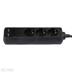   3 csatlakozós hosszabító-elosztó 5m fekete 2db USB porttal 2,4A - 8777 V-TAC