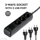 3 csatlakozós hosszabító-elosztó 5m fekete 2db USB porttal 2,4A - 8777 (V-TAC)