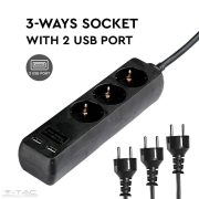 3 csatlakozós hosszabító-elosztó 5m fekete 2db USB porttal 2,4A - 8777 V-TAC